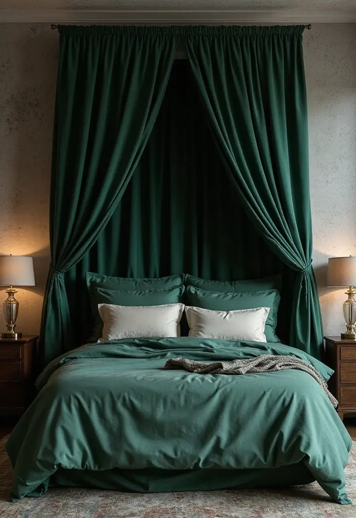 30 Dark Green Bedroom Ideas That Feel Cozy, Calm & Luxurious 17 30 Dark Green Bedroom Ideas That Feel Cozy, Calm & Luxurious - 16. Dark Green Bed Canopy for Luxury
