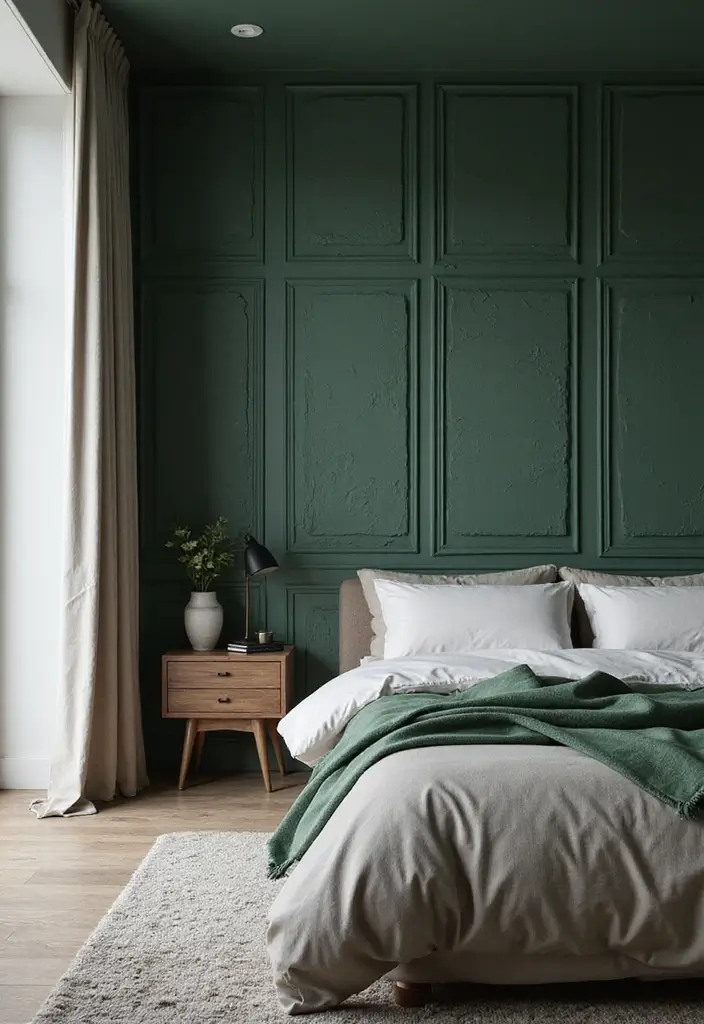 30 Dark Green Bedroom Ideas That Feel Cozy, Calm & Luxurious 18 30 Dark Green Bedroom Ideas That Feel Cozy, Calm & Luxurious - 17. Textured Wall Panels in Dark Green