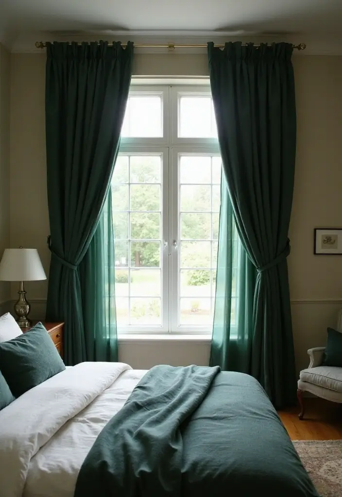 30 Dark Green Bedroom Ideas That Feel Cozy, Calm & Luxurious 21 30 Dark Green Bedroom Ideas That Feel Cozy, Calm & Luxurious - 20. Layered Window Treatments for Elegance