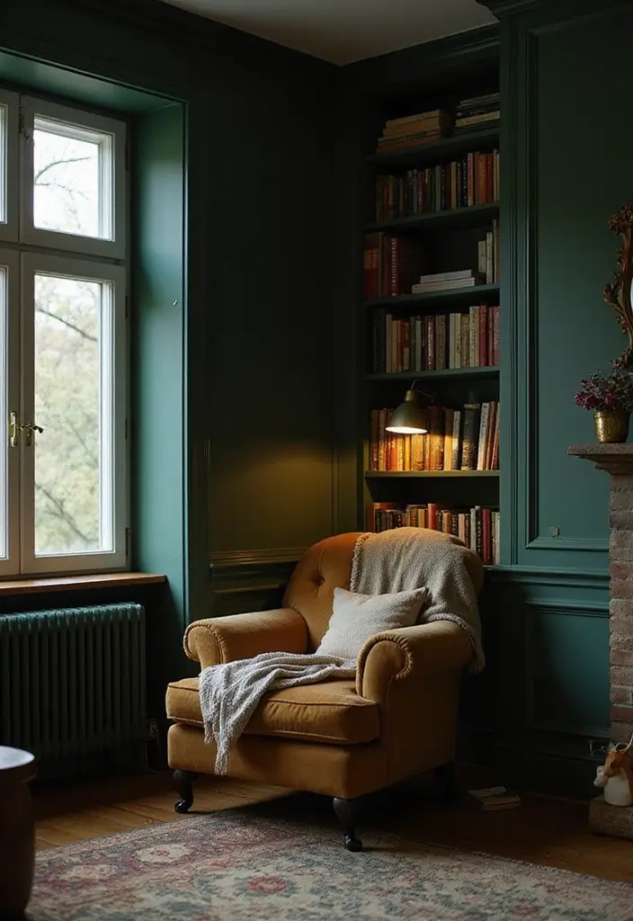 30 Dark Green Bedroom Ideas That Feel Cozy, Calm & Luxurious 22 30 Dark Green Bedroom Ideas That Feel Cozy, Calm & Luxurious - 21. Cozy Reading Nook in Dark Green