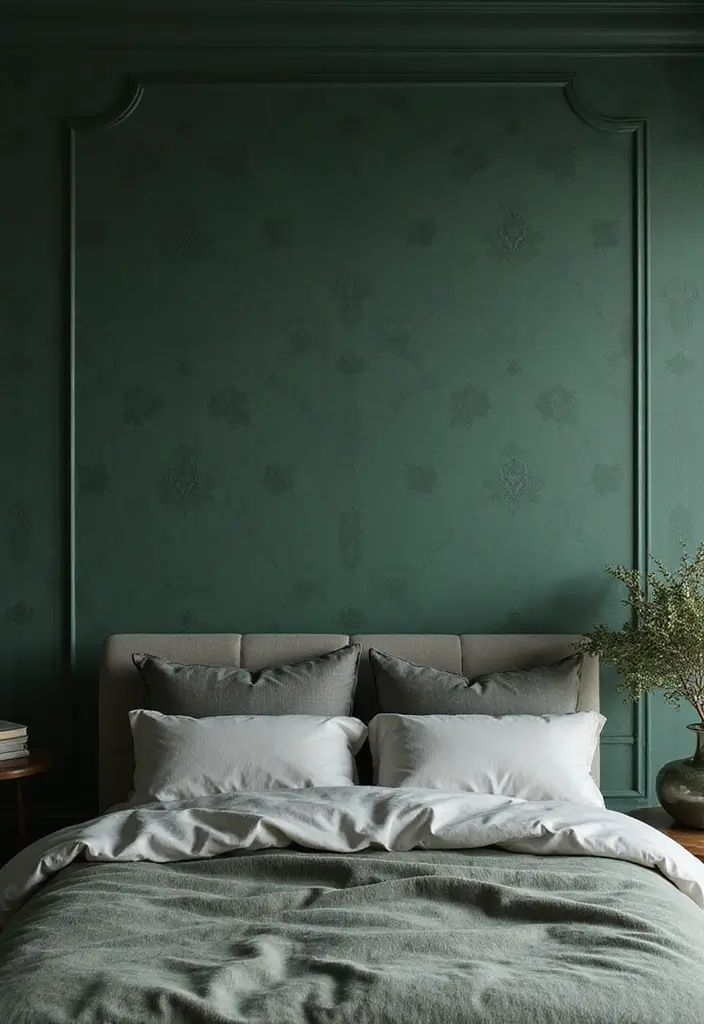 30 Dark Green Bedroom Ideas That Feel Cozy, Calm & Luxurious 23 30 Dark Green Bedroom Ideas That Feel Cozy, Calm & Luxurious - 22. Dark Green Wallpaper with Patterns