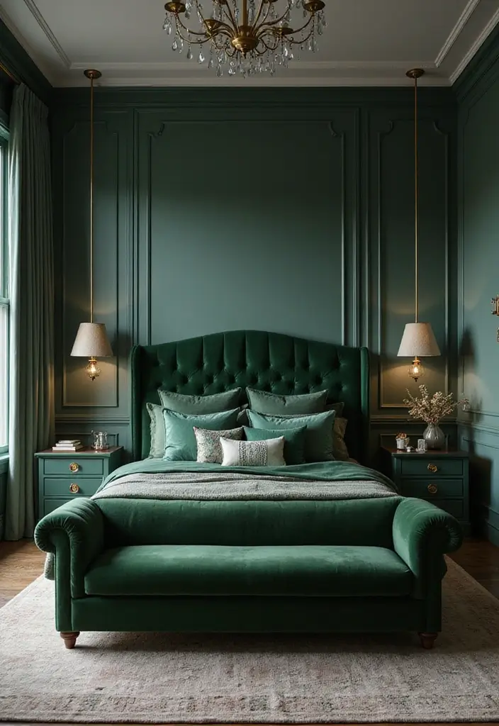 30 Dark Green Bedroom Ideas That Feel Cozy, Calm & Luxurious 24 30 Dark Green Bedroom Ideas That Feel Cozy, Calm & Luxurious - 23. Dark Green Tones in Furniture