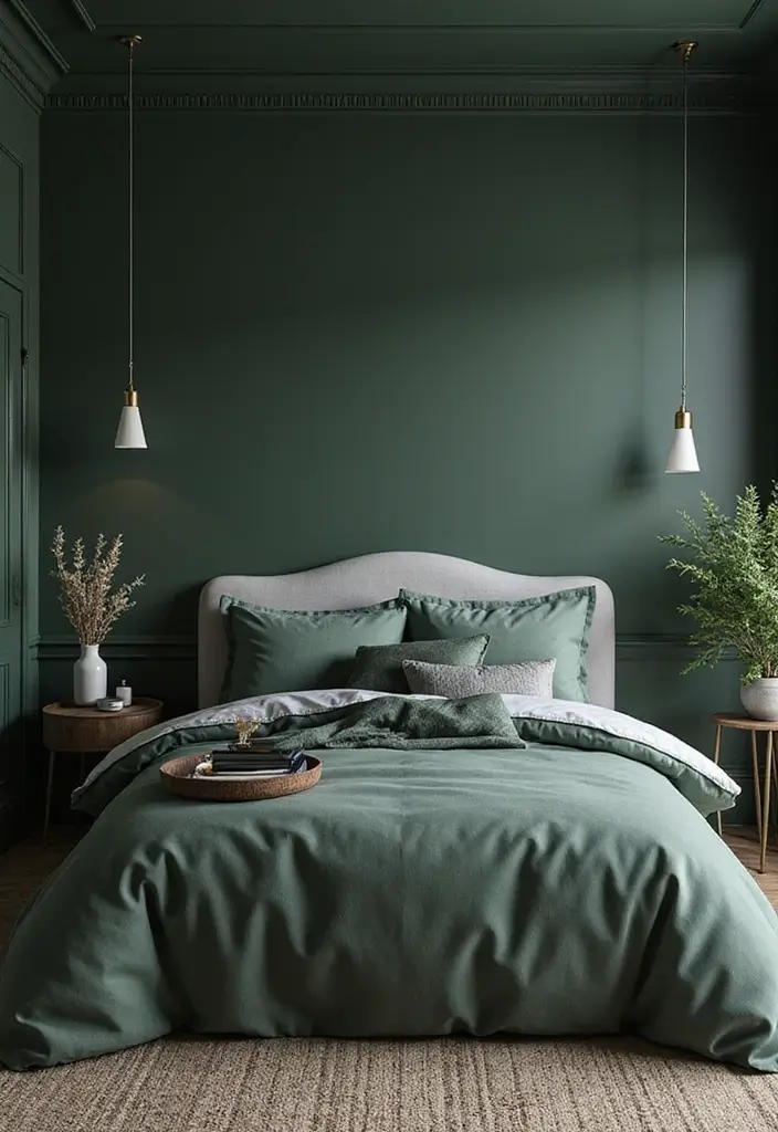 30 Dark Green Bedroom Ideas That Feel Cozy, Calm & Luxurious 26 30 Dark Green Bedroom Ideas That Feel Cozy, Calm & Luxurious - 25. Green and Gray Color Scheme