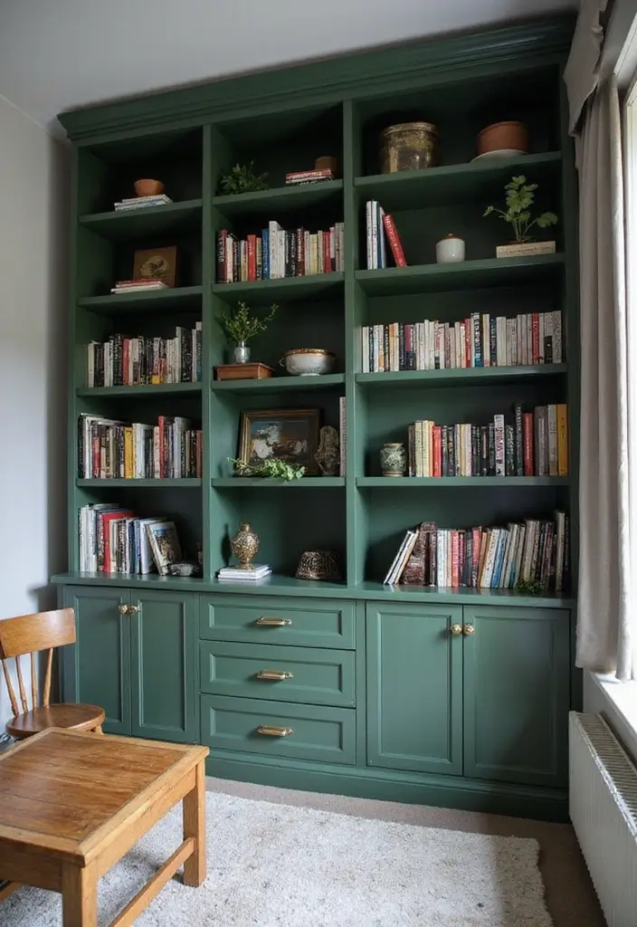 30 Dark Green Bedroom Ideas That Feel Cozy, Calm & Luxurious 27 30 Dark Green Bedroom Ideas That Feel Cozy, Calm & Luxurious - 26. Cozy Built-In Shelves in Dark Green