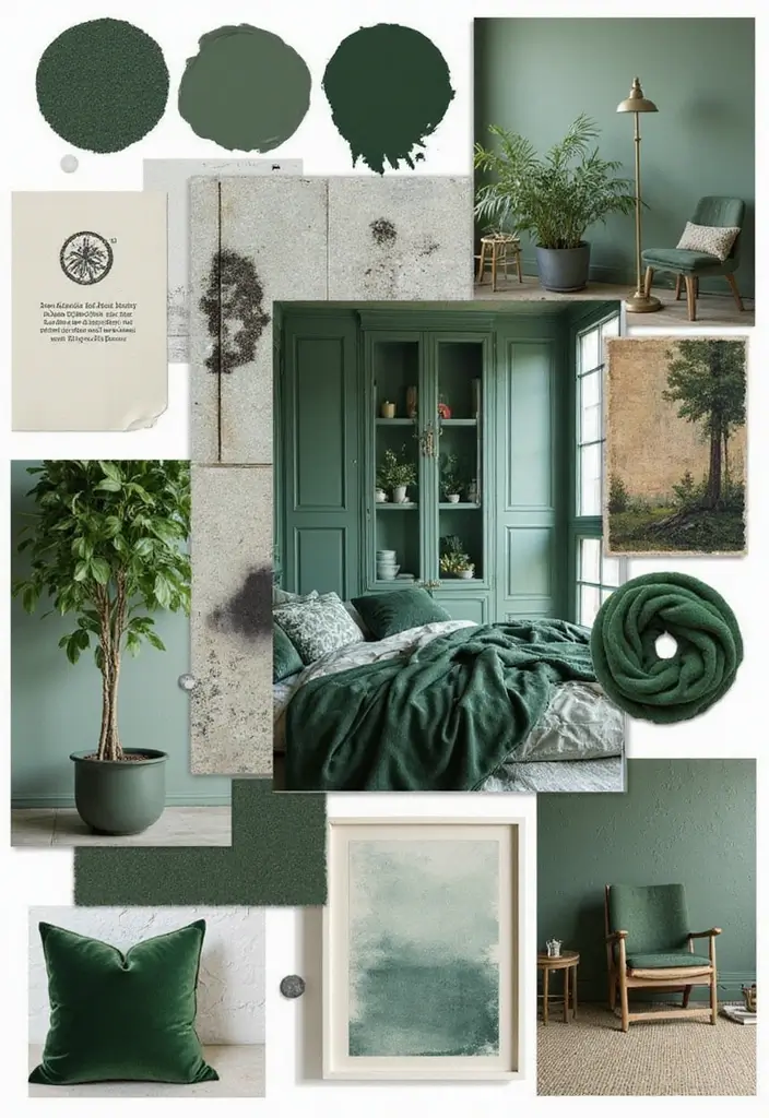 30 Dark Green Bedroom Ideas That Feel Cozy, Calm & Luxurious 28 30 Dark Green Bedroom Ideas That Feel Cozy, Calm & Luxurious - 27. Dark Green Inspired Mood Board