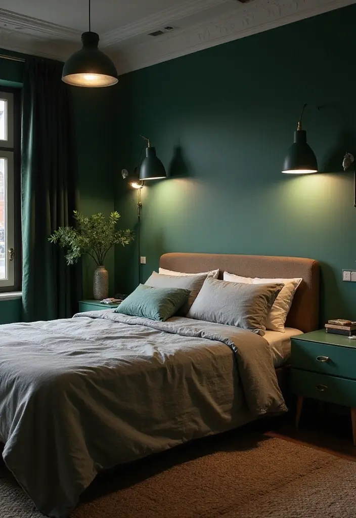 30 Dark Green Bedroom Ideas That Feel Cozy, Calm & Luxurious 29 30 Dark Green Bedroom Ideas That Feel Cozy, Calm & Luxurious - 28. Dark Green Lighting Fixtures