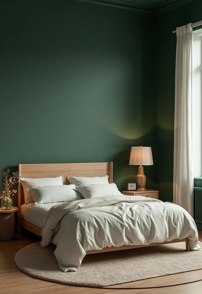 30 Dark Green Bedroom Ideas That Feel Cozy, Calm & Luxurious 4 30 Dark Green Bedroom Ideas That Feel Cozy, Calm & Luxurious - 3. Dark Green and Natural Wood Harmony
