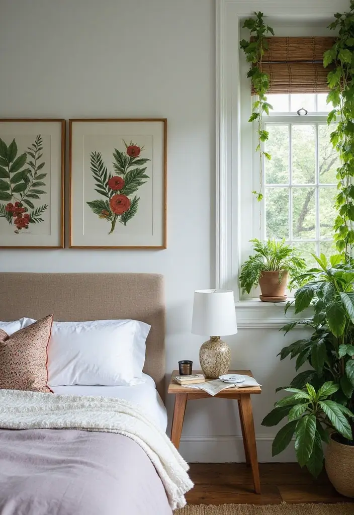 30 Dark Green Bedroom Ideas That Feel Cozy, Calm & Luxurious 5 30 Dark Green Bedroom Ideas That Feel Cozy, Calm & Luxurious - 4. Botanical Prints and Greenery