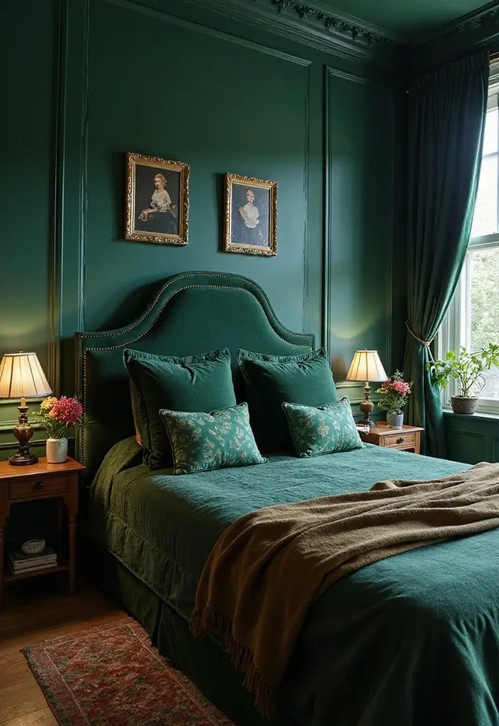 30 Dark Green Bedroom Ideas That Feel Cozy, Calm & Luxurious 6 30 Dark Green Bedroom Ideas That Feel Cozy, Calm & Luxurious - 5. Jewel Tones and Dark Green Combo