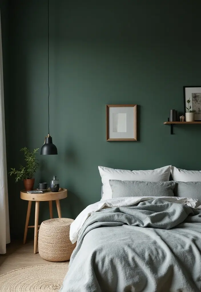 30 Dark Green Bedroom Ideas That Feel Cozy, Calm & Luxurious 9 30 Dark Green Bedroom Ideas That Feel Cozy, Calm & Luxurious - 8. Minimalistic Decor for a Clean Look