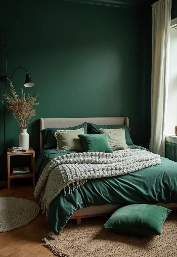 30 Dark Green Bedroom Ideas That Feel Cozy, Calm & Luxurious 10 30 Dark Green Bedroom Ideas That Feel Cozy, Calm & Luxurious - 9. Layered Textures for Depth