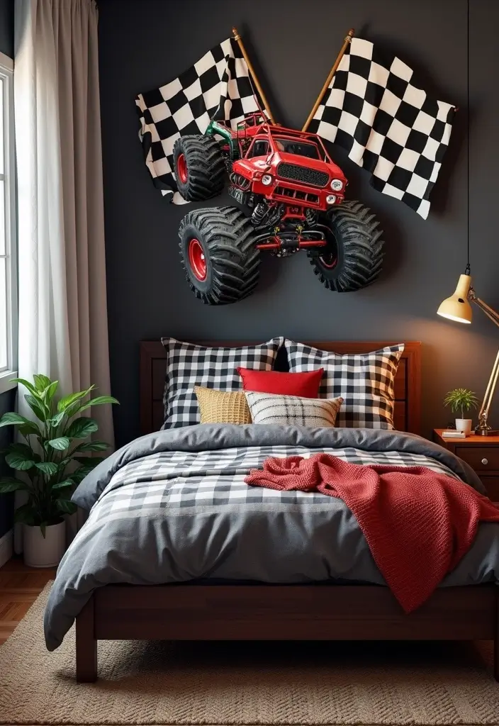 30 Monster Truck Bedroom Ideas That Kids Will Go Crazy For 28 30 Monster Truck Bedroom Ideas That Kids Will Go Crazy For - 27. Racing Flags as Decor