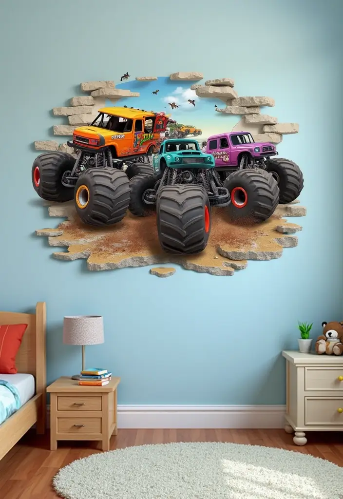 30 Monster Truck Bedroom Ideas That Kids Will Go Crazy For 8 30 Monster Truck Bedroom Ideas That Kids Will Go Crazy For - 7. 3D Wall Decals