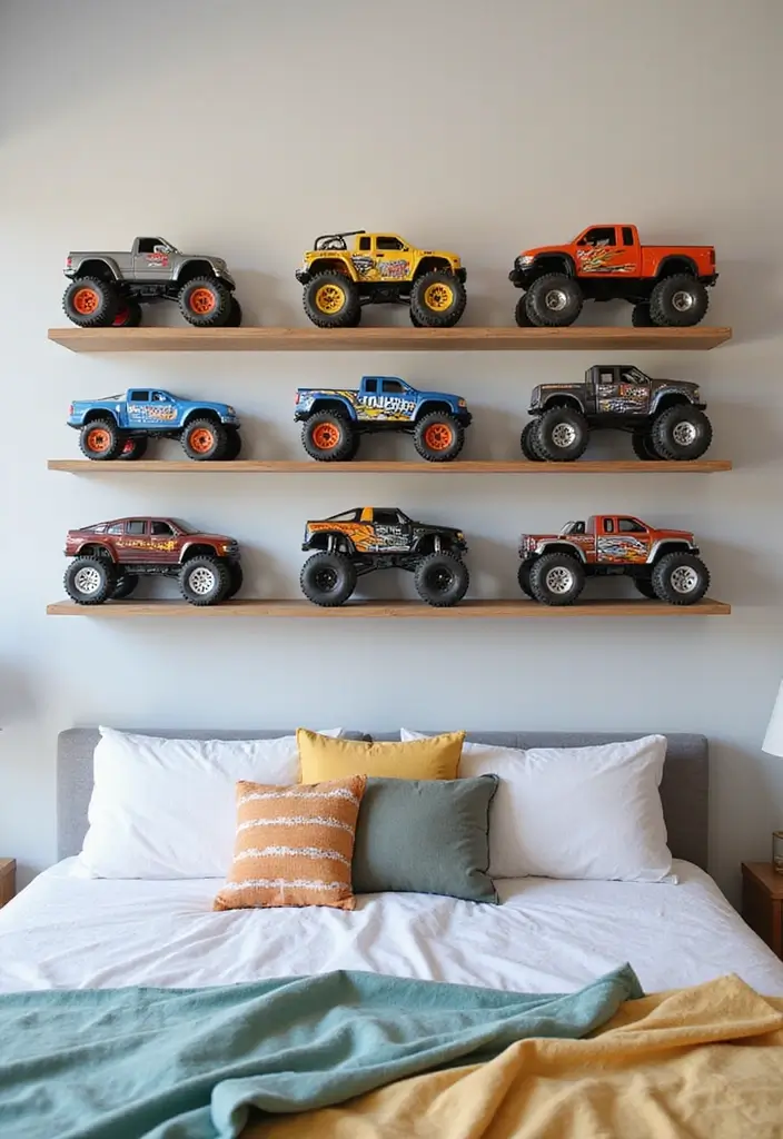 30 Monster Truck Bedroom Ideas That Kids Will Go Crazy For 9 30 Monster Truck Bedroom Ideas That Kids Will Go Crazy For - 8. Toy Car Display