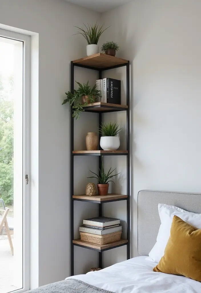 30 Organization Ideas for Bedroom That Keep Things Effortless 11 30 Organization Ideas for Bedroom That Keep Things Effortless - 10. Utilize Corners with Corner Shelving