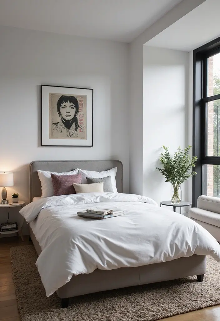 30 White Comforter Bedroom Ideas with Color That Feel Fresh & Inviting 18 30 White Comforter Bedroom Ideas with Color That Feel Fresh & Inviting - 17. Stylish Urban Escape