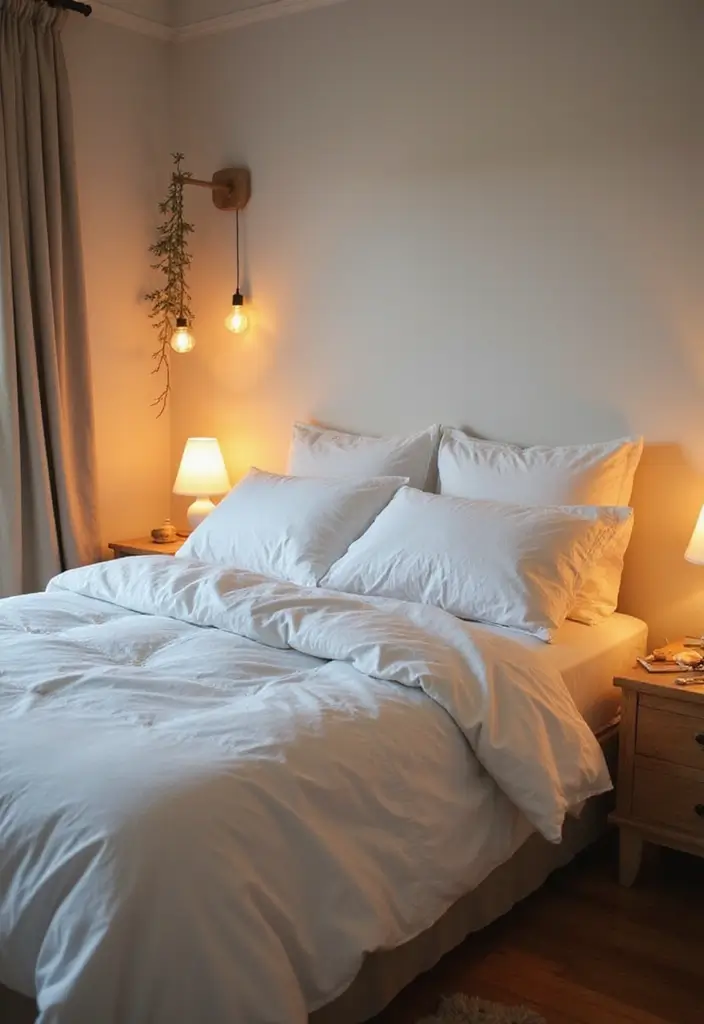 30 White Comforter Bedroom Ideas with Color That Feel Fresh & Inviting 25 30 White Comforter Bedroom Ideas with Color That Feel Fresh & Inviting - 24. Layered Lighting