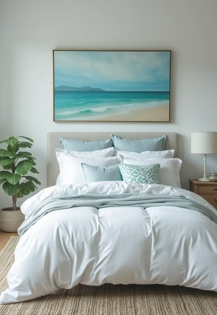 30 White Comforter Bedroom Ideas with Color That Feel Fresh & Inviting 5 30 White Comforter Bedroom Ideas with Color That Feel Fresh & Inviting - 4. Coastal Vibes with Blues and Whites