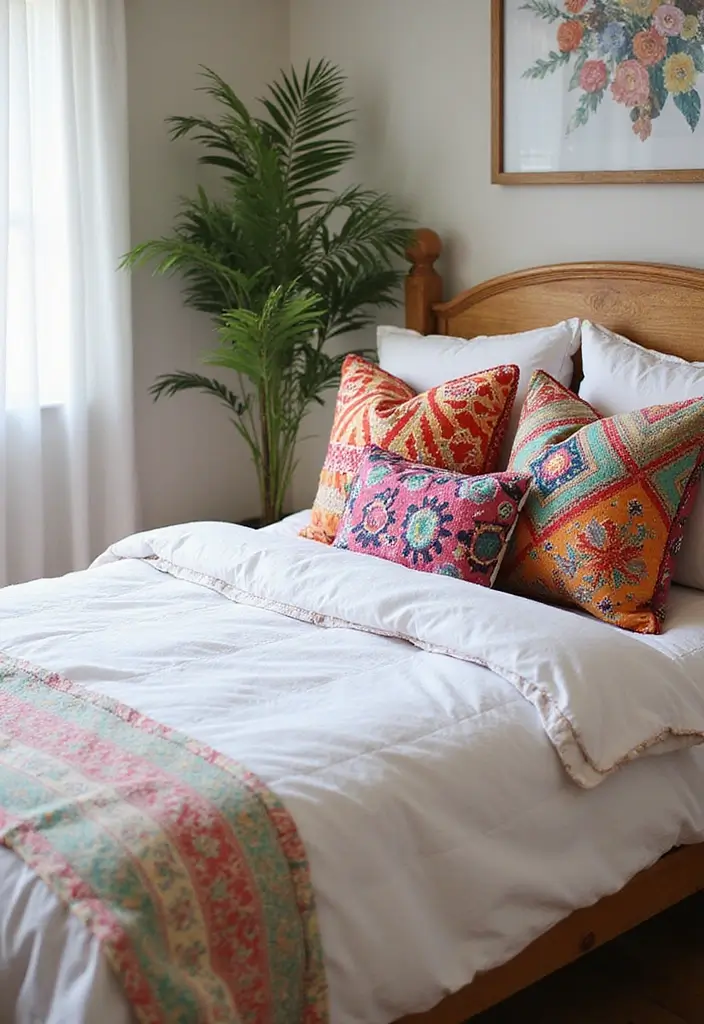 30 White Comforter Bedroom Ideas with Color That Feel Fresh & Inviting 6 30 White Comforter Bedroom Ideas with Color That Feel Fresh & Inviting - 5. Vibrant Bohemian Layers